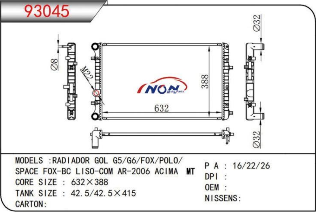 RADIADOR GOL G5/G6/FOX/POLO/SPACE FOX-BC LISO-COM AR-2006 ACIMA MT